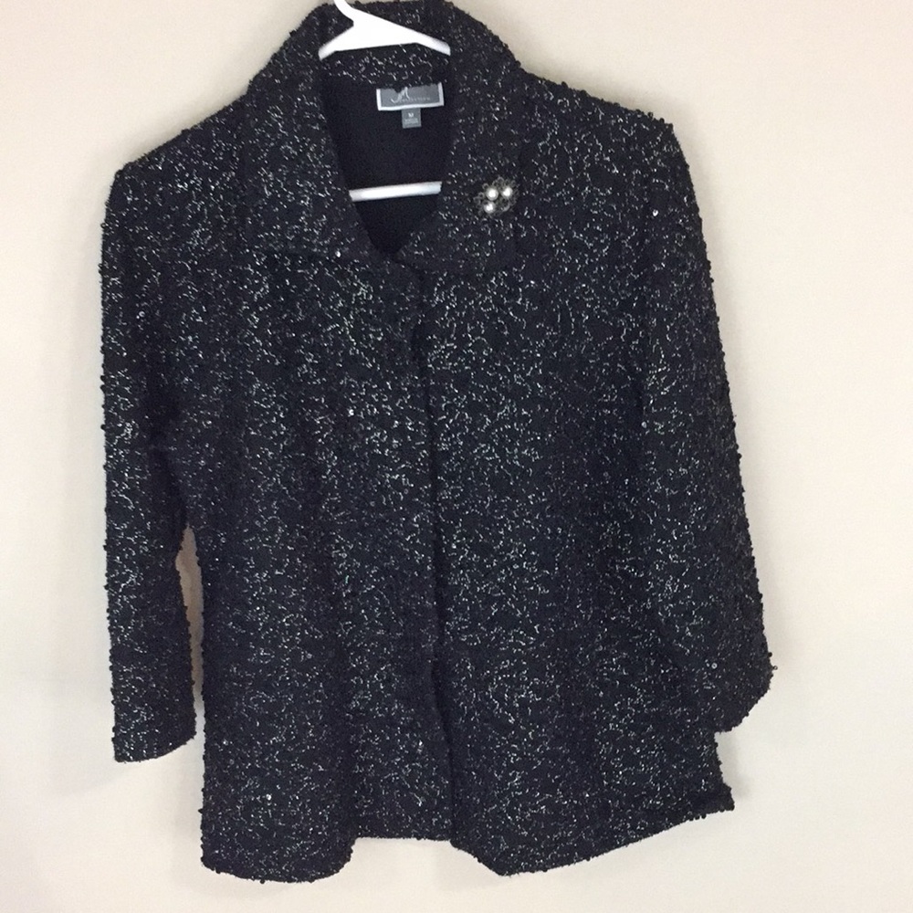 J M Collection Black with Silver Glitter Textured Shirt Jacket Size M